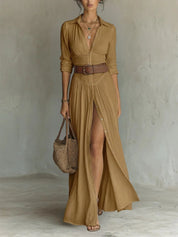 Marie | Damen Boho Maxi-Hemdblusenkleid mit Knopfleiste Gürtel 5