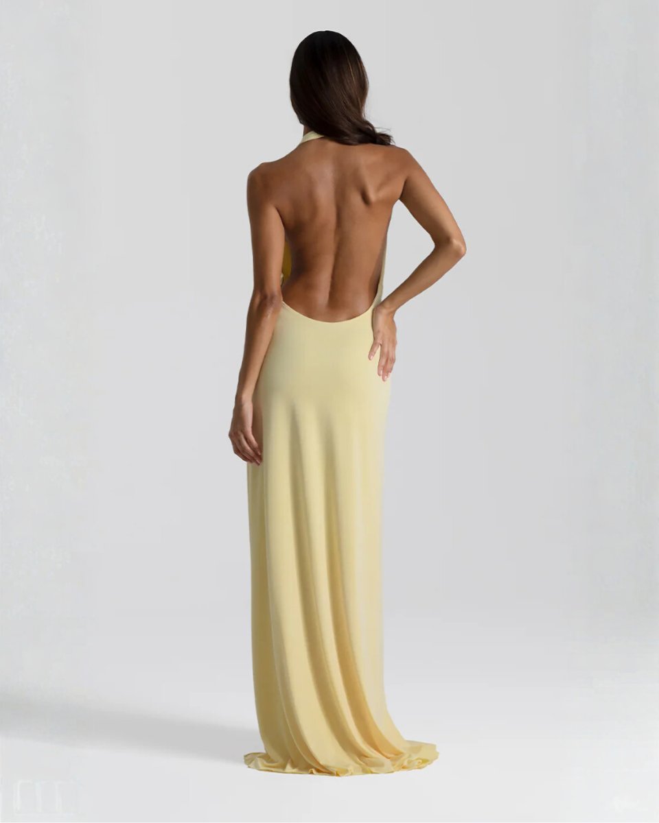 Mia | Women's Backless Halter Maxi Summer Dress Jumpsuit Deep-Plunge Draped Gown 1