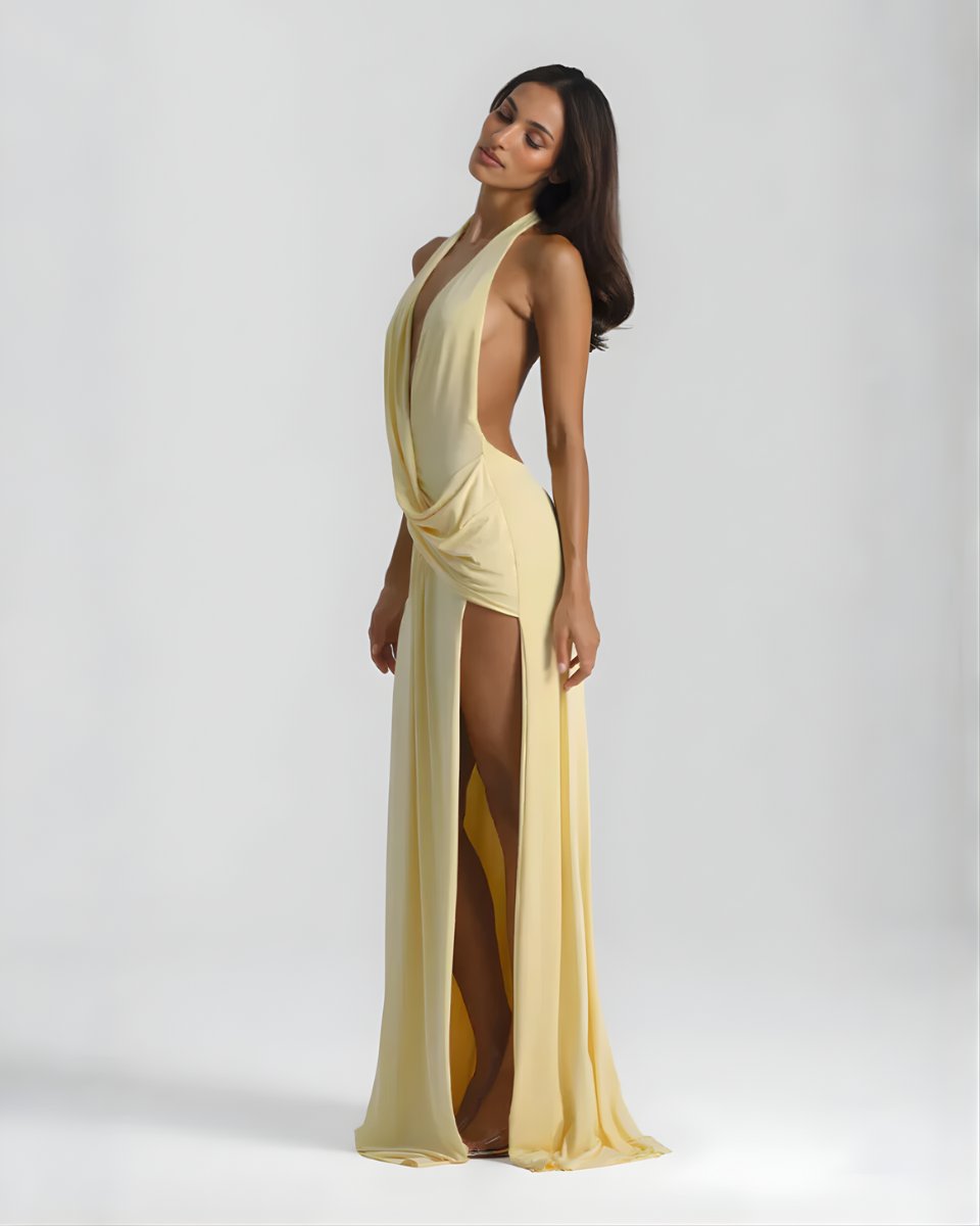 Mia | Women's Backless Halter Maxi Summer Dress Jumpsuit Deep-Plunge Draped Gown 2