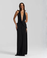 Mia | Women's Backless Halter Maxi Summer Dress Jumpsuit Deep-Plunge Draped Gown 3