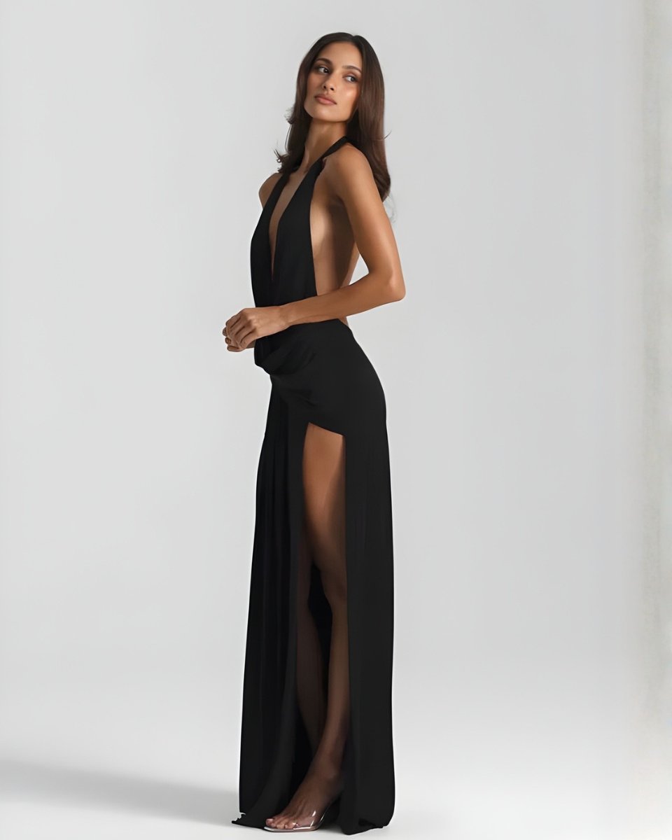 Mia | Women's Backless Halter Maxi Summer Dress Jumpsuit Deep-Plunge Draped Gown 4