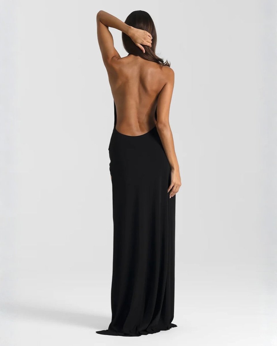 Mia | Women's Backless Halter Maxi Summer Dress Jumpsuit Deep-Plunge Draped Gown 6