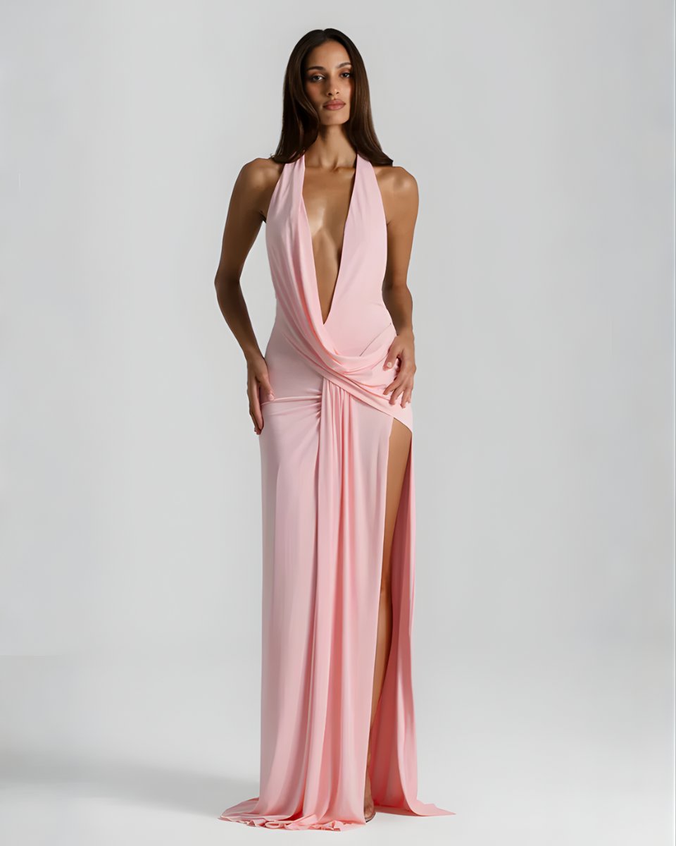 Mia | Women's Backless Halter Maxi Summer Dress Jumpsuit Deep-Plunge Draped Gown 7