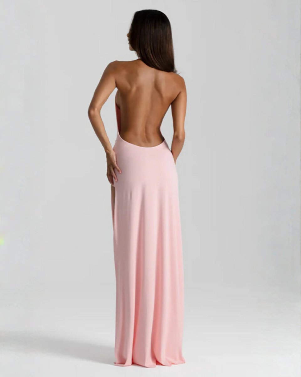 Mia | Women's Backless Halter Maxi Summer Dress Jumpsuit Deep-Plunge Draped Gown 8