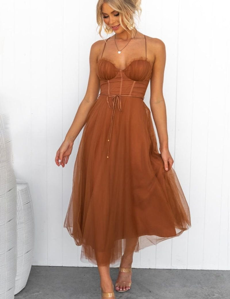 Mia | Women's Corset Bodice Tulle Midi Formal Evening Dress Sweetheart Neckline 0