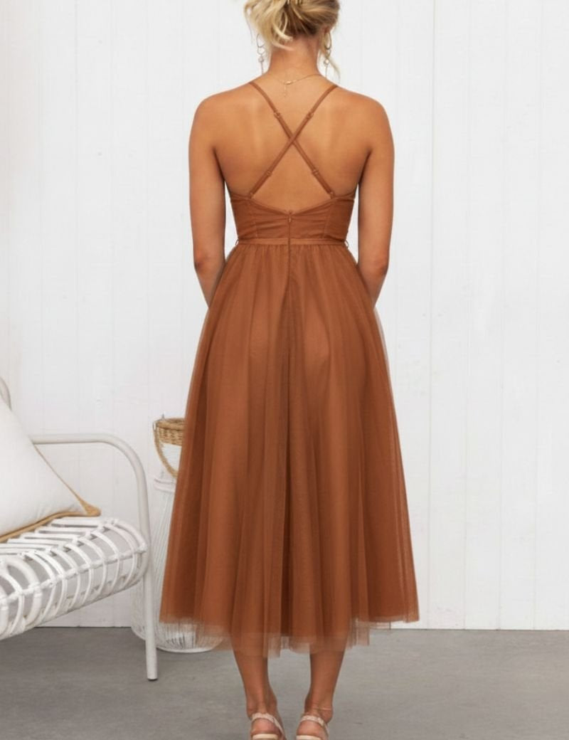 Mia | Women's Corset Bodice Tulle Midi Formal Evening Dress Sweetheart Neckline 1