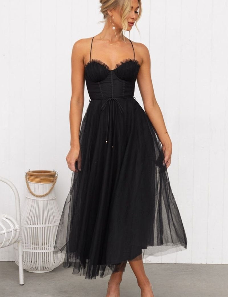 Mia | Women's Corset Bodice Tulle Midi Formal Evening Dress Sweetheart Neckline 2