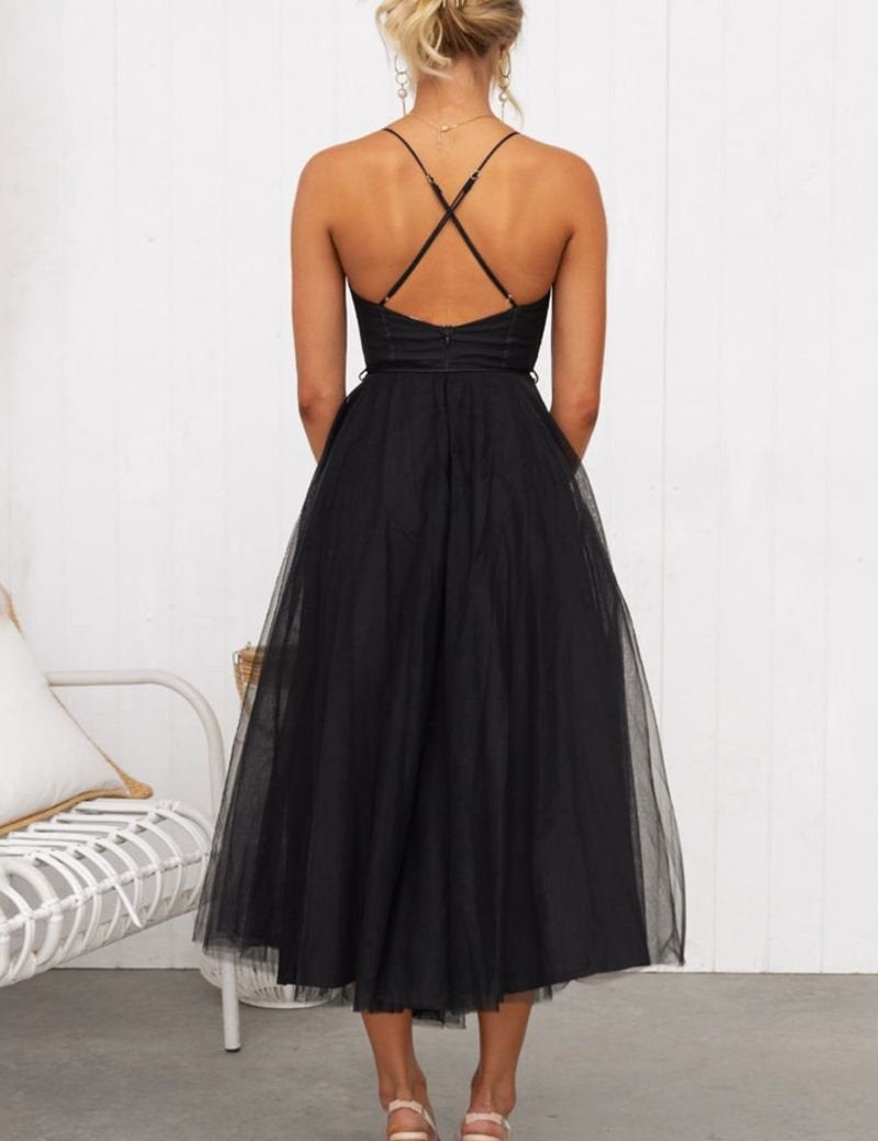 Mia | Women's Corset Bodice Tulle Midi Formal Evening Dress Sweetheart Neckline 3