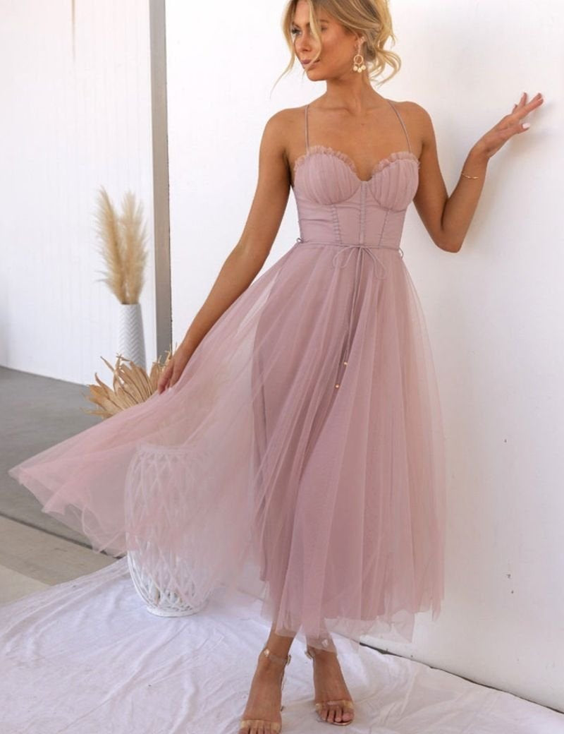 Mia | Women's Corset Bodice Tulle Midi Formal Evening Dress Sweetheart Neckline 4