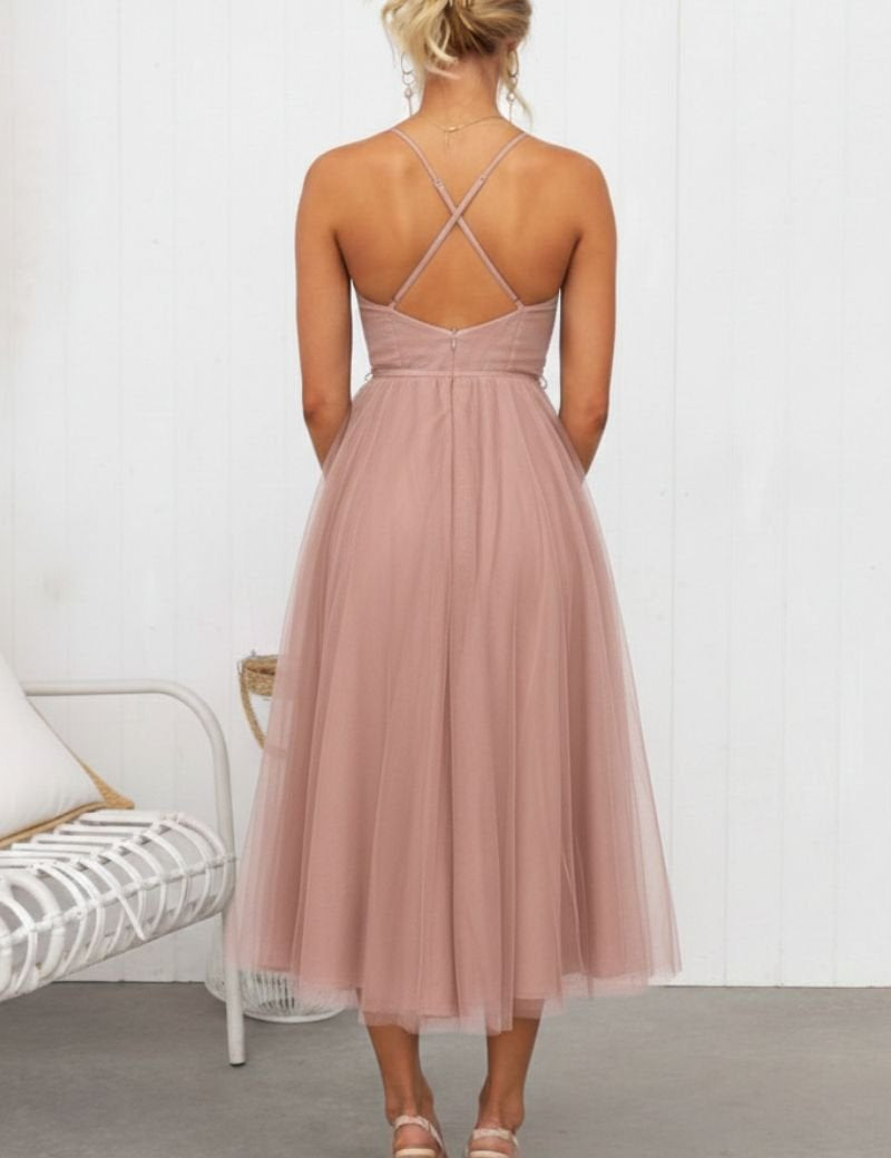 Mia | Women's Corset Bodice Tulle Midi Formal Evening Dress Sweetheart Neckline 5