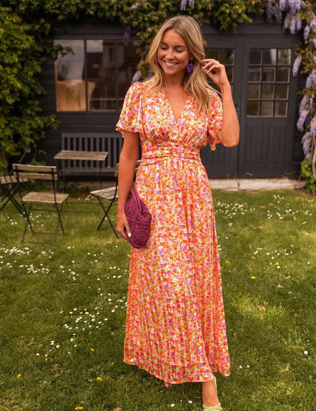 Mia | Women's Flutter-Sleeve V-Neck Floral Pleated Maxi Dresses 0