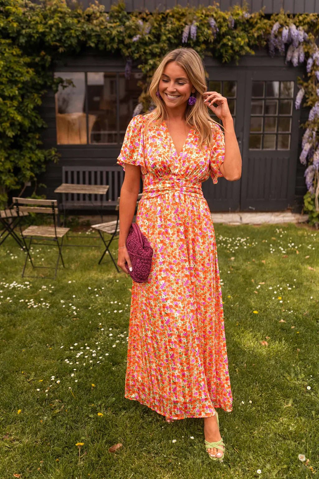 Mia | Women's Flutter-Sleeve V-Neck Floral Pleated Maxi Dresses 0