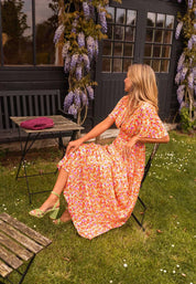 Mia | Women's Flutter-Sleeve V-Neck Floral Pleated Maxi Dresses 1