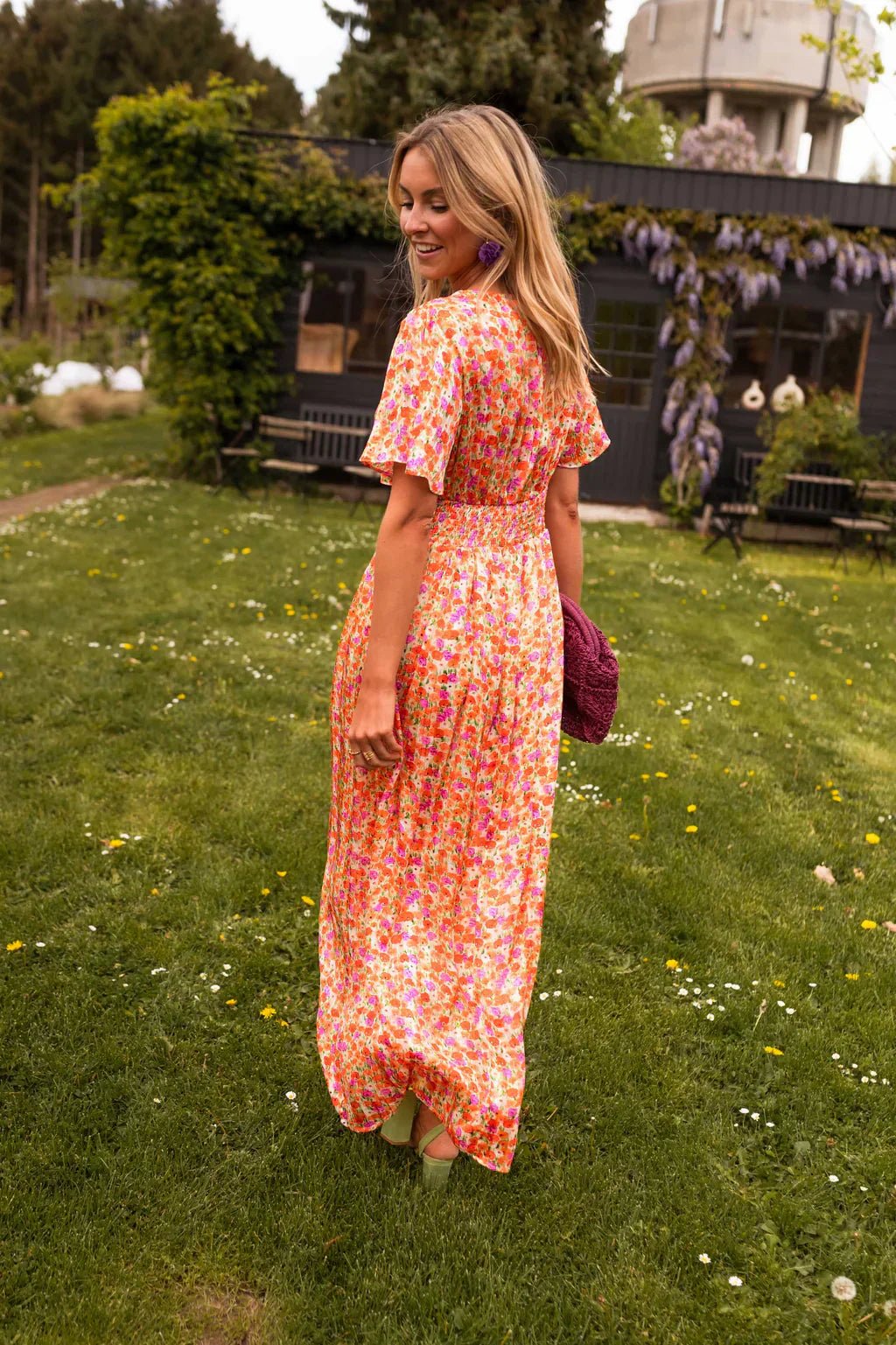 Mia | Women's Flutter-Sleeve V-Neck Floral Pleated Maxi Dresses 2