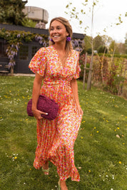 Mia | Women's Flutter-Sleeve V-Neck Floral Pleated Maxi Dresses 3