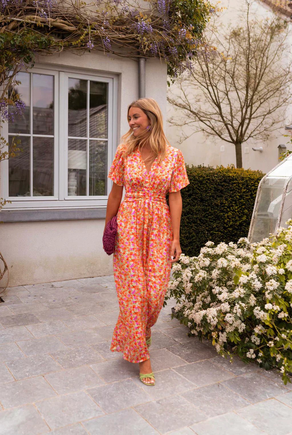 Mia | Women's Flutter-Sleeve V-Neck Floral Pleated Maxi Dresses 4