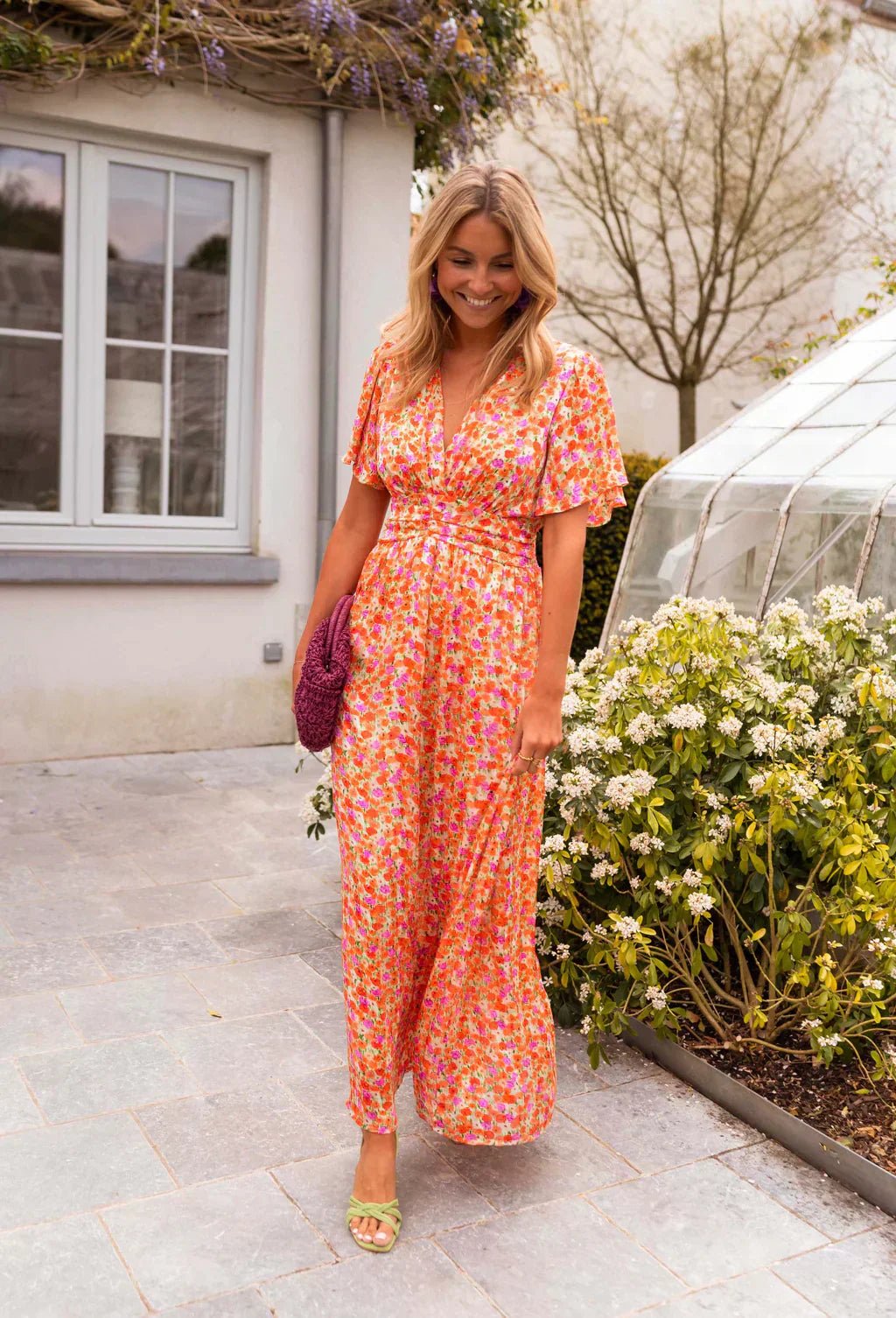 Mia | Women's Flutter-Sleeve V-Neck Floral Pleated Maxi Dresses 5
