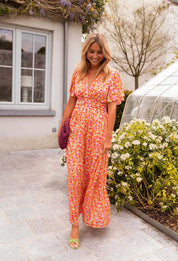 Mia | Women's Flutter-Sleeve V-Neck Floral Pleated Maxi Dresses 5