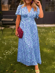 Mia | Women's Flutter-Sleeve V-Neck Floral Pleated Maxi Dresses 6