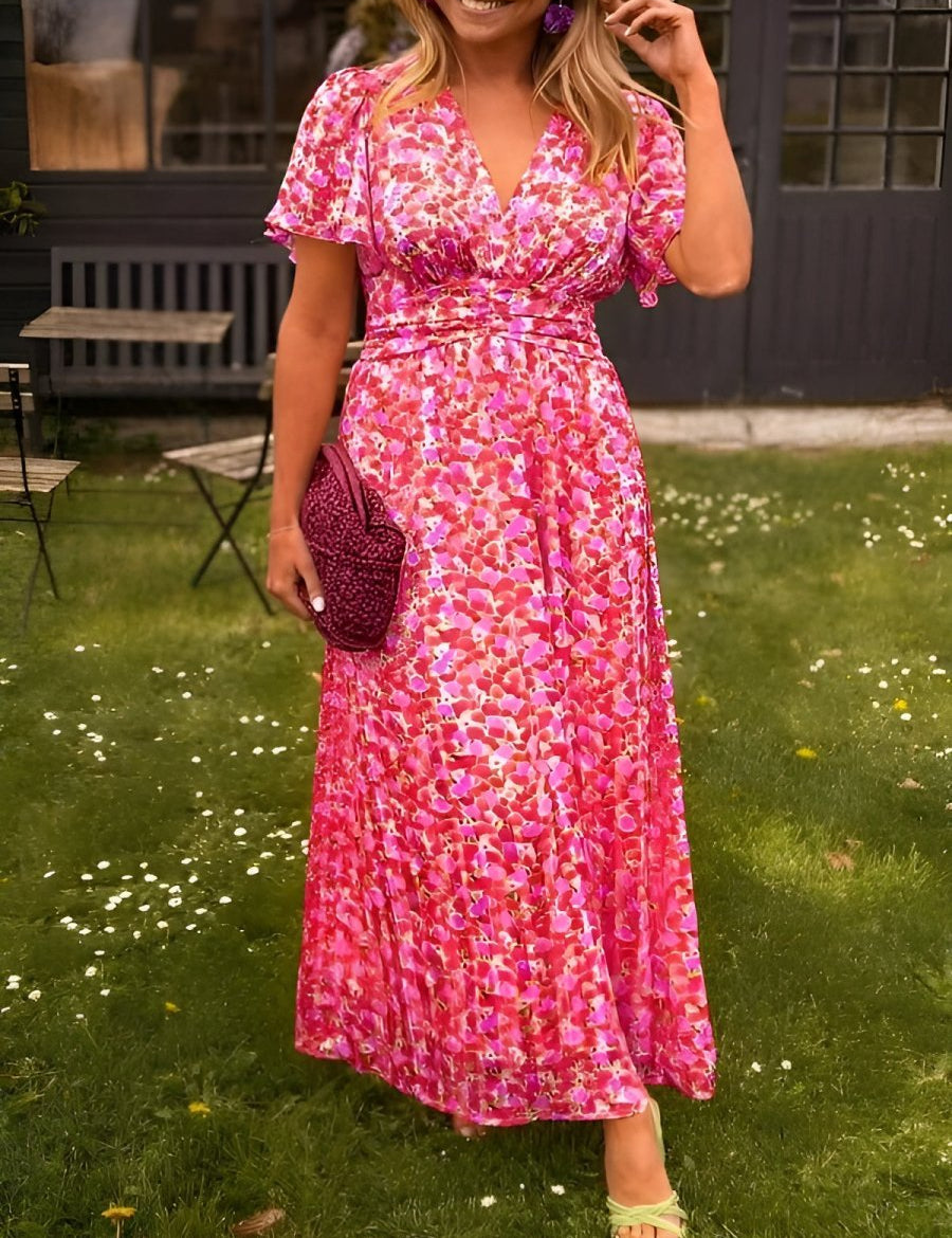 Mia | Women's Flutter-Sleeve V-Neck Floral Pleated Maxi Dresses 7