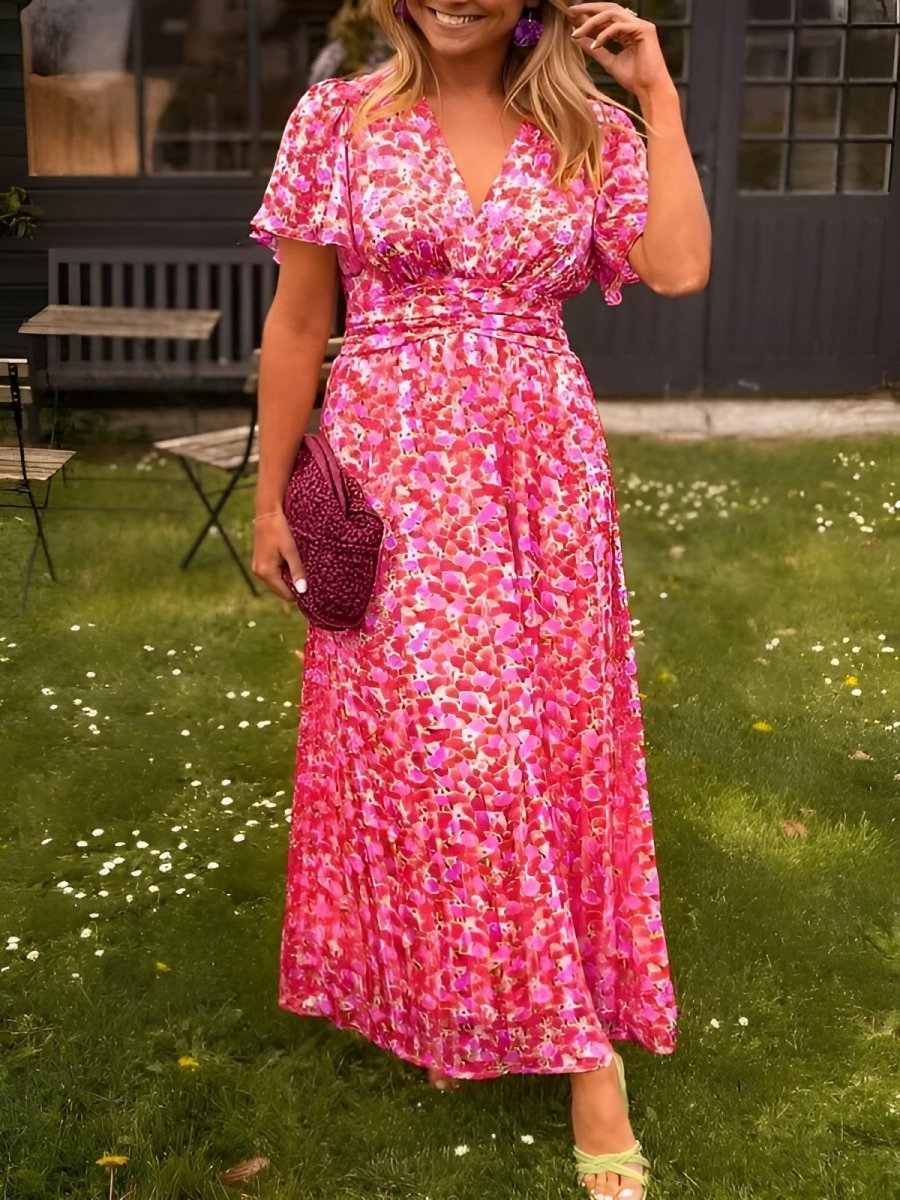 Mia | Women's Flutter-Sleeve V-Neck Floral Pleated Maxi Dresses 7