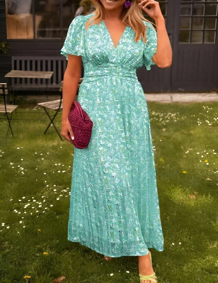 Mia | Women's Flutter-Sleeve V-Neck Floral Pleated Maxi Dresses 8