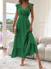 Mia | Women's Ruffle V Neck Dress Smocked Waist Maxi A-Line 4