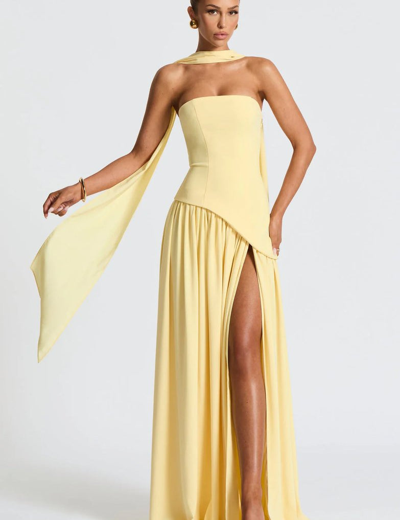 Mia | Women's Strapless Scarf-Neck Split Maxi Summer Dress Jumpsuit Style Gown 0