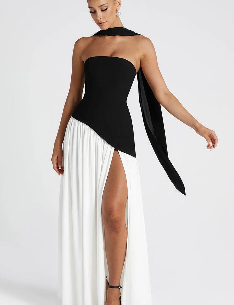Mia | Women's Strapless Scarf-Neck Split Maxi Summer Dress Jumpsuit Style Gown 10