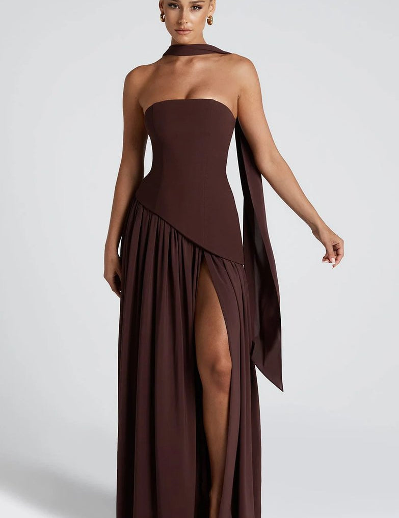 Mia | Women's Strapless Scarf-Neck Split Maxi Summer Dress Jumpsuit Style Gown 4