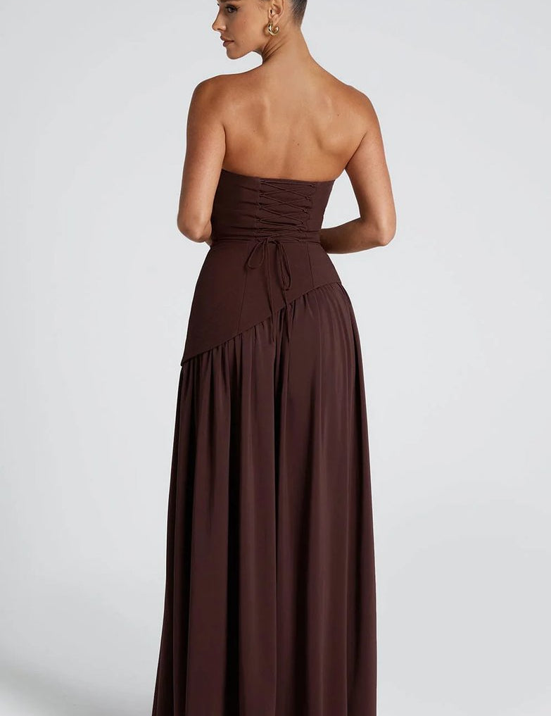 Mia | Women's Strapless Scarf-Neck Split Maxi Summer Dress Jumpsuit Style Gown 5
