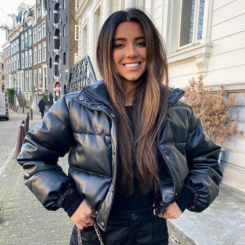 Milla - Cropped Vegan Leather Puffer Jacket Bold and Warm Streetwear Look 1