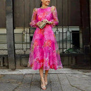 Olivia | Women's Floral Midi Wedding Guest Dress Sheer Long Sleeve 0