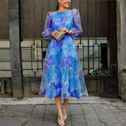 Olivia | Women's Floral Midi Wedding Guest Dress Sheer Long Sleeve 1
