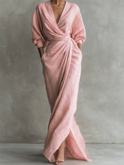 Olivia | Women's Wrap Maxi V Neck Dress Ruched 3/4 Sleeve 0