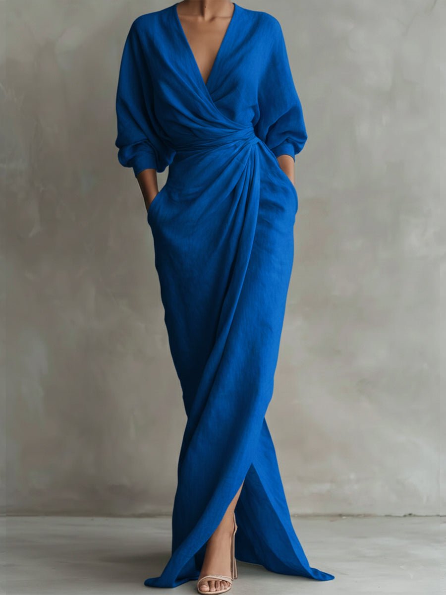 Olivia | Women's Wrap Maxi V Neck Dress Ruched 3/4 Sleeve 1