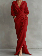 Olivia | Women's Wrap Maxi V Neck Dress Ruched 3/4 Sleeve 2