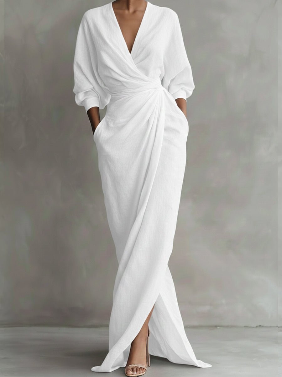 Olivia | Women's Wrap Maxi V Neck Dress Ruched 3/4 Sleeve 3