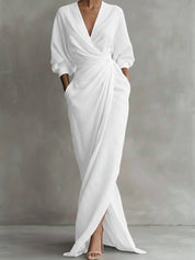 Olivia | Women's Wrap Maxi V Neck Dress Ruched 3/4 Sleeve 3