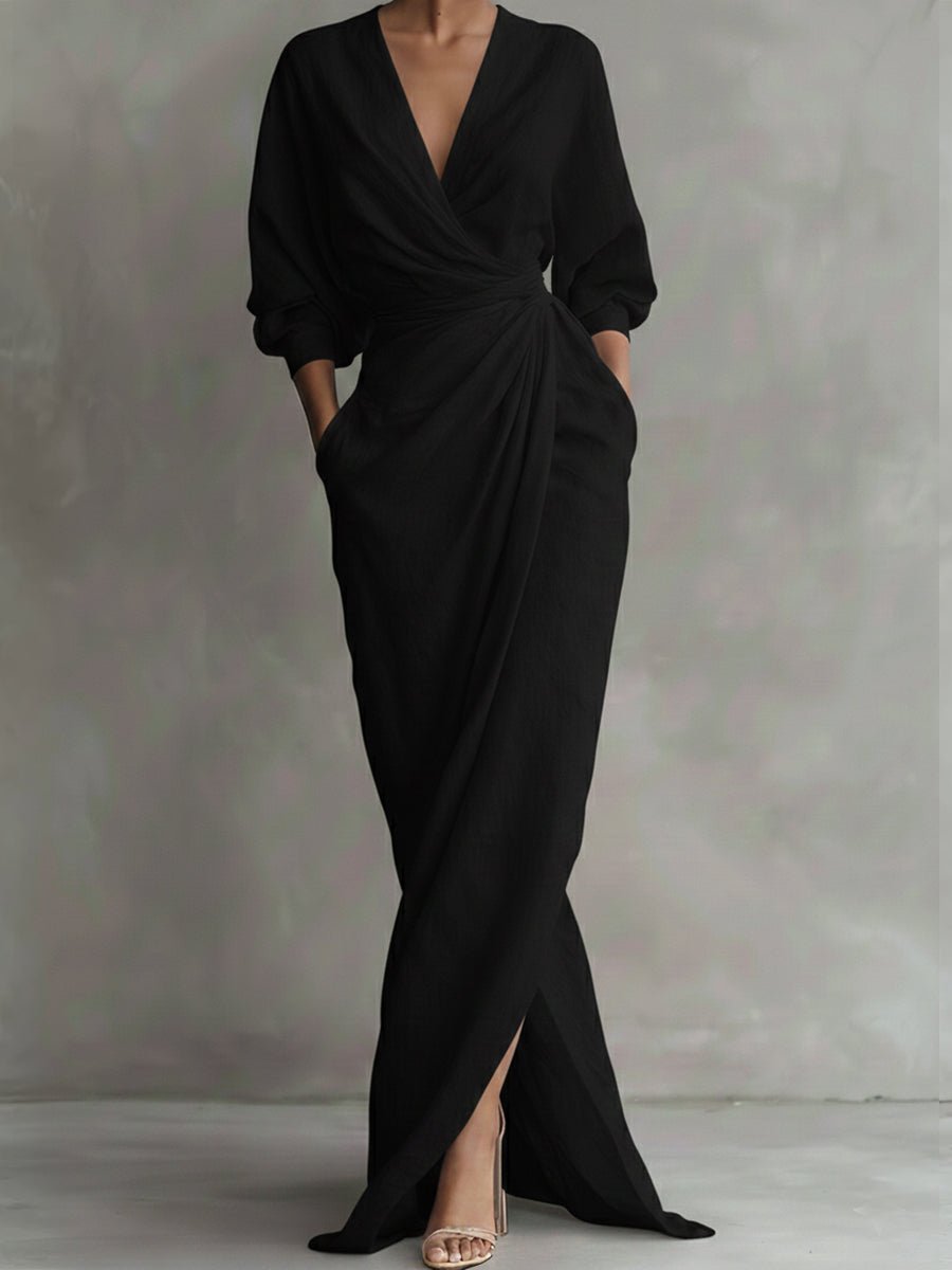 Olivia | Women's Wrap Maxi V Neck Dress Ruched 3/4 Sleeve 4