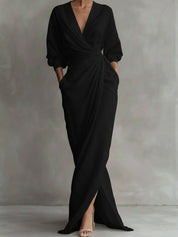 Olivia | Women's Wrap Maxi V Neck Dress Ruched 3/4 Sleeve 4