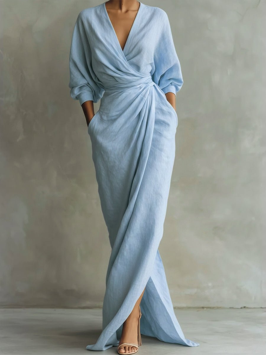 Olivia | Women's Wrap Maxi V Neck Dress Ruched 3/4 Sleeve 5