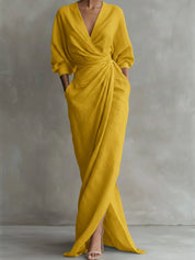 Olivia | Women's Wrap Maxi V Neck Dress Ruched 3/4 Sleeve 6