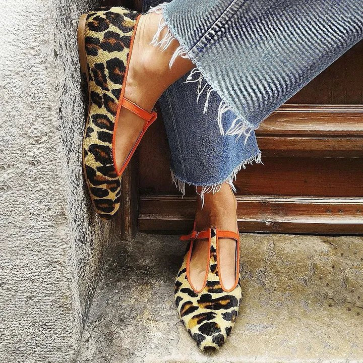 Penelope | Women's Leopard Print Linen-Textured T-Strap Pointed-Toe Flats 0