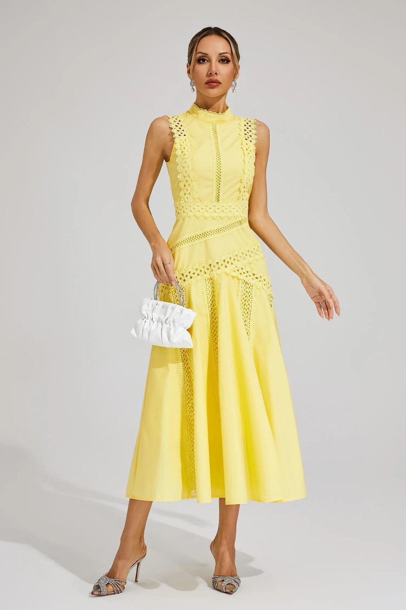 Sophia | Women's Sleeveless Cutwork Lace-Panel Midi Wedding Guest Dress 3