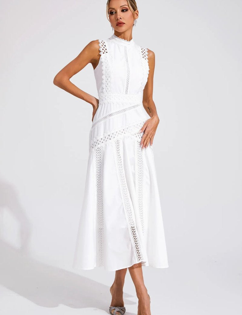 Sophia | Women's Sleeveless Cutwork Lace-Panel Midi Wedding Guest Dress 5