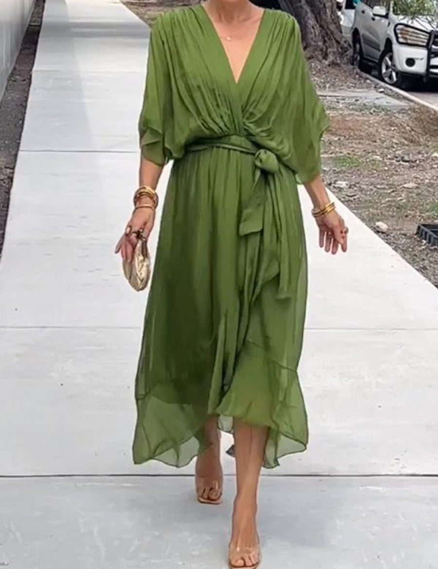 Victoria | Women's Chiffon Belted Deep V Neck Dress Flowy Midi 0