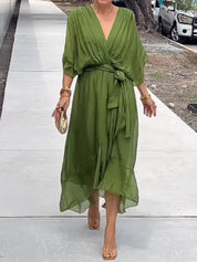 Victoria | Women's Chiffon Belted Deep V Neck Dress Flowy Midi 0