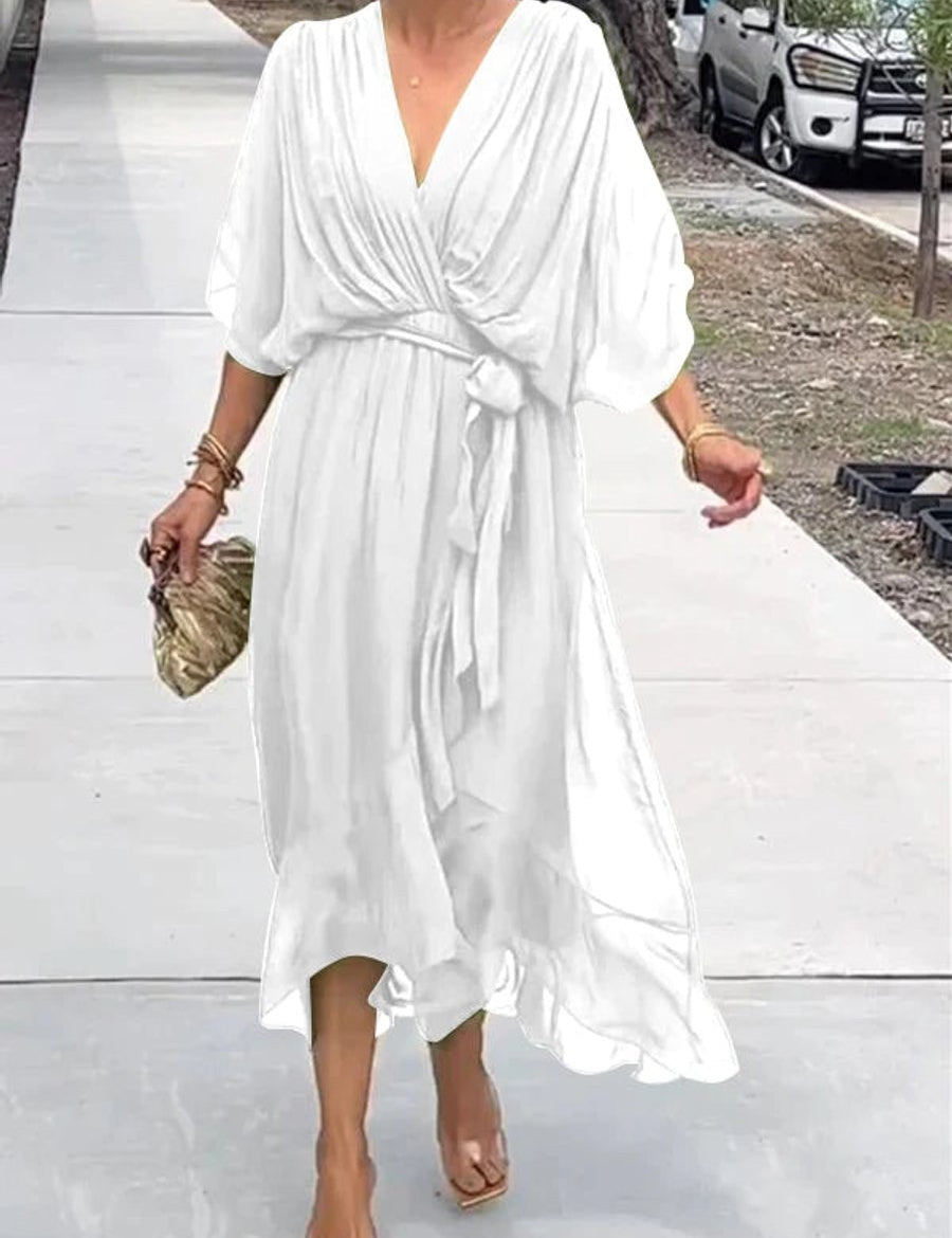 Victoria | Women's Chiffon Belted Deep V Neck Dress Flowy Midi 1