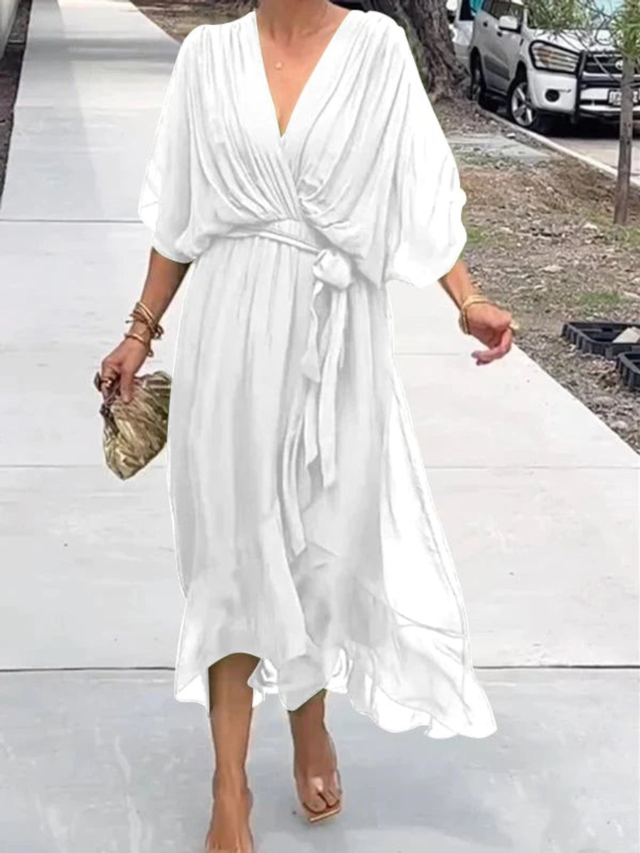 Victoria | Women's Chiffon Belted Deep V Neck Dress Flowy Midi 1